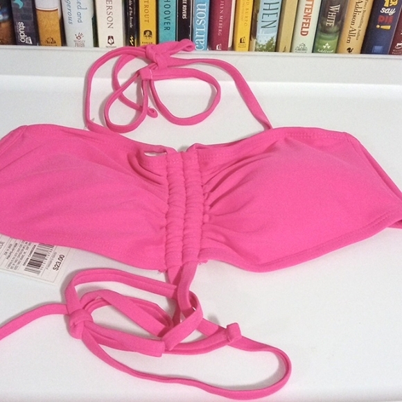 SHADE & SHORE PINK HALTER TIE STRAPPY DRAWSTRING BIKINI TOP SIZE MEDIUM NWT - Picture 4 of 5